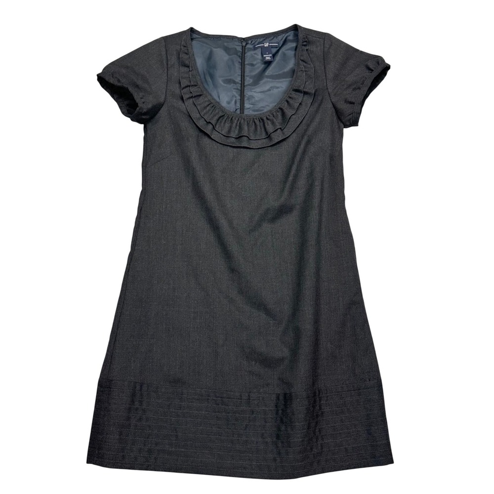 Gap Womens 2 Gray Stretch Ruffle Neck Shift Dress Short Sleeve Workwear Pockets